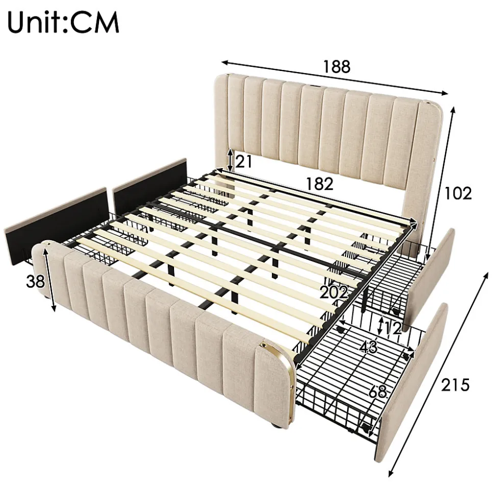 Lit avec rangement 180x200 cm - Lit double rembourré avec fonction USB Type-C et 4 tiroirs - Lin - Sans Matelas - Beige