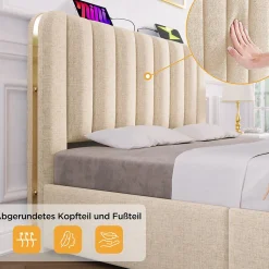 Lit avec rangement 180x200 cm - Lit double rembourré avec fonction USB Type-C et 4 tiroirs - Lin - Sans Matelas - Beige