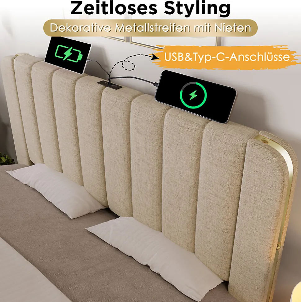 Lit avec rangement 180x200 cm - Lit double rembourré avec fonction USB Type-C et 4 tiroirs - Lin - Sans Matelas - Beige