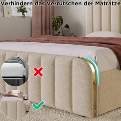 Lit avec rangement 180x200 cm - Lit double rembourré avec fonction USB Type-C et 4 tiroirs - Lin - Sans Matelas - Beige