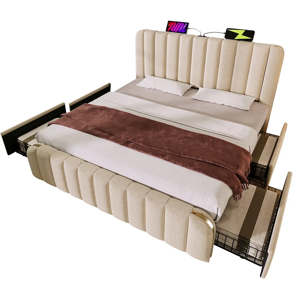 Lit avec rangement 180x200 cm - Lit double rembourré avec fonction USB Type-C et 4 tiroirs - Lin - Sans Matelas - Beige