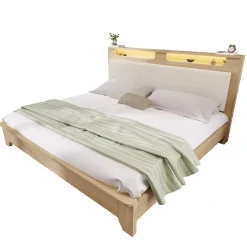 Lit avec Rangement 160x200 cm - Lit Double en Bois avec Velours Côtelé et LED - Sans Matelas - Chêne Clair et Beige