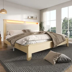 Lit avec Rangement 160x200 cm - Lit Double en Bois avec Velours Côtelé et LED - Sans Matelas - Chêne Clair et Beige