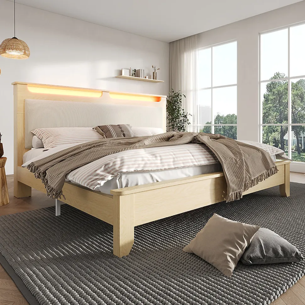 Lit avec Rangement 160x200 cm - Lit Double en Bois avec Velours Côtelé et LED - Sans Matelas - Chêne Clair et Beige