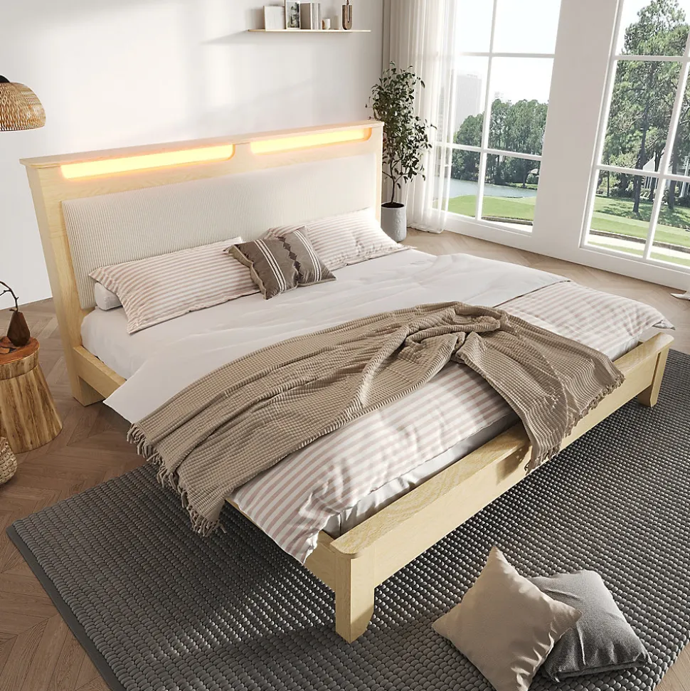 Lit avec Rangement 160x200 cm - Lit Double en Bois avec Velours Côtelé et LED - Sans Matelas - Chêne Clair et Beige