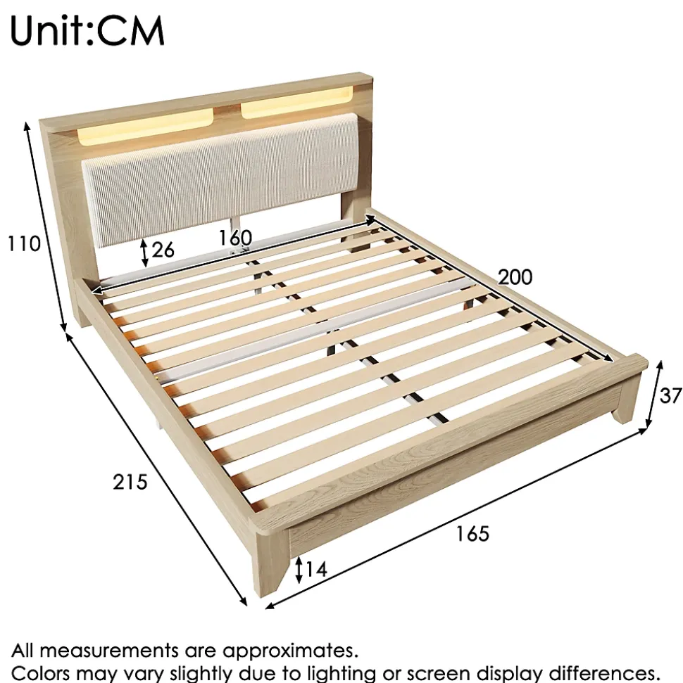 Lit avec Rangement 160x200 cm - Lit Double en Bois avec Velours Côtelé et LED - Sans Matelas - Chêne Clair et Beige