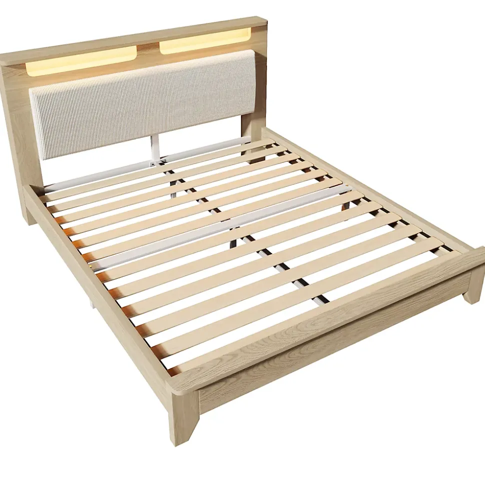Lit avec Rangement 160x200 cm - Lit Double en Bois avec Velours Côtelé et LED - Sans Matelas - Chêne Clair et Beige