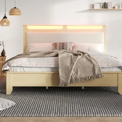 Lit avec Rangement 160x200 cm - Lit Double en Bois avec Velours Côtelé et LED - Sans Matelas - Chêne Clair et Beige