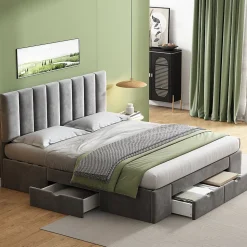 Lit avec rangement 160x200 cm - Lit Double Capitonné avec 4 Tiroirs - Velours - Sans Matelas - Gris