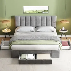 Lit avec rangement 160x200 cm - Lit Double Capitonné avec 4 Tiroirs - Velours - Sans Matelas - Gris