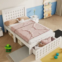 Lit avec rangement 90x200 cm - Lit simple avec tiroirs intégrés et design créatif - en MDF et bois massif - Blanc - Sans matelas