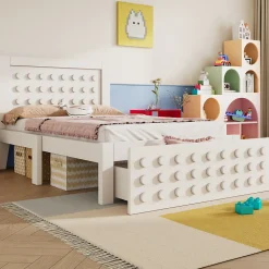 Lit avec rangement 90x200 cm - Lit simple avec tiroirs intégrés et design créatif - en MDF et bois massif - Blanc - Sans matelas