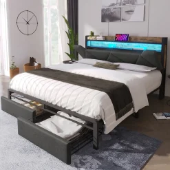 Lit avec rangement 160x200 cm - Lit double rembourré avec tiroirs et fonction de chargement USB - Lin - Sans Matelas - Gris