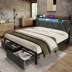 Lit avec rangement 160x200 cm - Lit double rembourré avec tiroirs et fonction de chargement USB - Lin - Sans Matelas - Gris