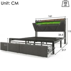 Lit avec rangement 160x200 cm - Lit double rembourré avec tiroirs et fonction de chargement USB - Lin - Sans Matelas - Gris