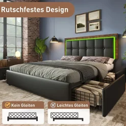 Lit avec Rangement 140x200 cm - Lit Double Capitonné avec 4 Tiroirs, Bandeau LED et Tête Réglable, Sans Matelas, PU, Noir