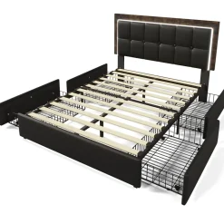Lit avec Rangement 140x200 cm - Lit Double Capitonné avec 4 Tiroirs, Bandeau LED et Tête Réglable, Sans Matelas, PU, Noir
