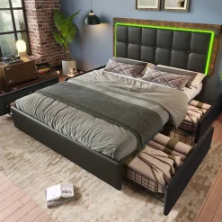 Lit avec Rangement 140x200 cm - Lit Double Capitonné avec 4 Tiroirs, Bandeau LED et Tête Réglable, Sans Matelas, PU, Noir