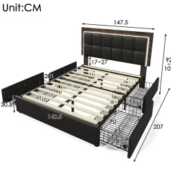 Lit avec Rangement 140x200 cm - Lit Double Capitonné avec 4 Tiroirs, Bandeau LED et Tête Réglable, Sans Matelas, PU, Noir