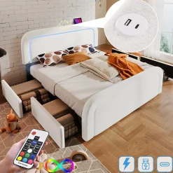 Lit avec rangement 140x200 cm - Lit double rembourré avec 4 tiroirs et fonction de chargement USB - Sherpa - Sans Matelas - Blanc