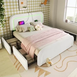 Lit avec rangement 140x200 cm - Lit double rembourré avec 4 tiroirs et fonction de chargement USB - Sherpa - Sans Matelas - Blanc