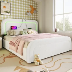 Lit avec rangement 140x200 cm - Lit double rembourré avec 4 tiroirs et fonction de chargement USB - Sherpa - Sans Matelas - Blanc