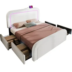 Lit avec rangement 140x200 cm - Lit double rembourré avec 4 tiroirs et fonction de chargement USB - Sherpa - Sans Matelas - Blanc