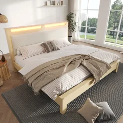 Lit avec Rangement 160x200 cm - Lit Double avec Matelas Inclus, LED et Tête de Lit Corduroy, Chêne Clair et Beige