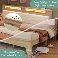 Lit avec Rangement 160x200 cm - Lit Double avec Matelas Inclus, LED et Tête de Lit Corduroy, Chêne Clair et Beige