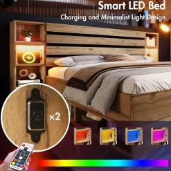 Lit avec rangement 160x200 cm - Lit double avec tête de lit LED et USB - Bois Massif - Sans Matelas - Chêne