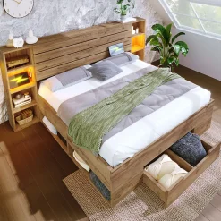 Lit avec rangement 160x200 cm - Lit double avec tête de lit LED et USB - Bois Massif - Sans Matelas - Chêne