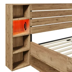 Lit avec rangement 160x200 cm - Lit double avec tête de lit LED et USB - Bois Massif - Sans Matelas - Chêne