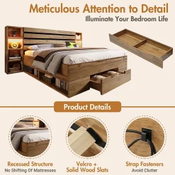 Lit avec rangement 160x200 cm - Lit double avec tête de lit LED et USB - Bois Massif - Sans Matelas - Chêne