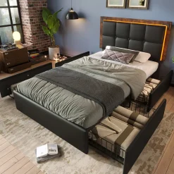 Lit avec Rangement 90x200 cm - Lit Simple Capitonné avec 4 Tiroirs, Bandeau LED et Tête Réglable, Sans Matelas, PU, Noir