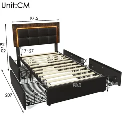 Lit avec Rangement 90x200 cm - Lit Simple Capitonné avec 4 Tiroirs, Bandeau LED et Tête Réglable, Sans Matelas, PU, Noir