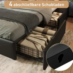 Lit avec Rangement 90x200 cm - Lit Simple Capitonné avec 4 Tiroirs, Bandeau LED et Tête Réglable, Sans Matelas, PU, Noir