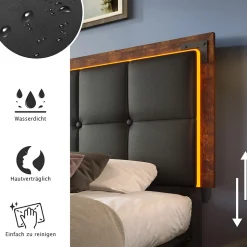 Lit avec Rangement 90x200 cm - Lit Simple Capitonné avec 4 Tiroirs, Bandeau LED et Tête Réglable, Sans Matelas, PU, Noir