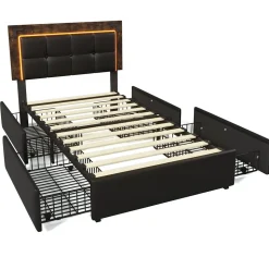 Lit avec Rangement 90x200 cm - Lit Simple Capitonné avec 4 Tiroirs, Bandeau LED et Tête Réglable, Sans Matelas, PU, Noir