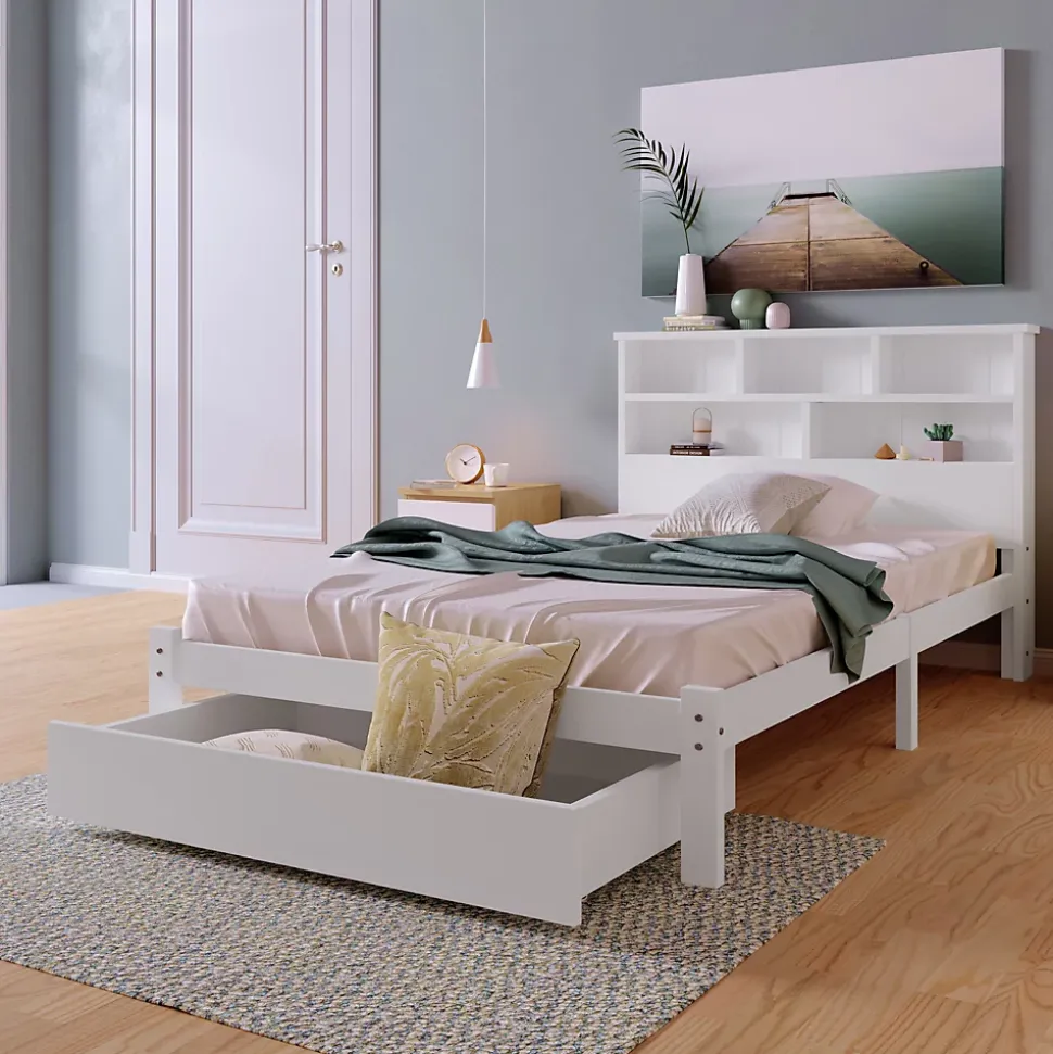 Lit avec rangement 90x200 cm - Lit simple avec tiroirs et tête de lit - Pin massif + MDF - Sans Matelas - Blanc