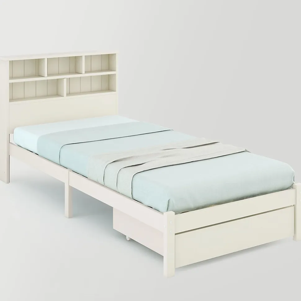 Lit avec rangement 90x200 cm - Lit simple avec tiroirs et tête de lit - Pin massif + MDF - Sans Matelas - Blanc