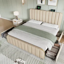 Lit avec rangement 140x200 cm - Lit double rembourré avec fonction USB Type-C et 4 tiroirs - Lin - Sans Matelas - Beige