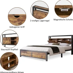 Lit avec rangement 140x200 cm - Lit double métal avec tête de lit et sommier à lattes - Métal - Sans Matelas - Noir