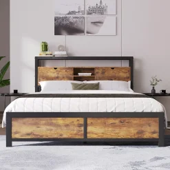 Lit avec rangement 140x200 cm - Lit double métal avec tête de lit et sommier à lattes - Métal - Sans Matelas - Noir