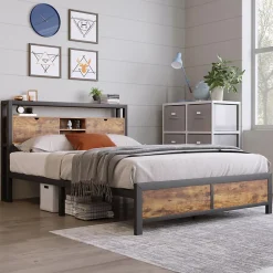 Lit avec rangement 140x200 cm - Lit double métal avec tête de lit et sommier à lattes - Métal - Sans Matelas - Noir