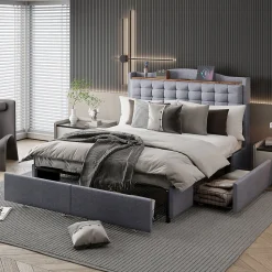 Lit avec Rangement 140x200 cm - Lit Double avec Port USB, Table de Chevet avec 4 Tiroirs, Sans Matelas, Lin, Gris Clair