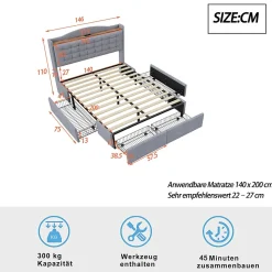 Lit avec Rangement 140x200 cm - Lit Double avec Port USB, Table de Chevet avec 4 Tiroirs, Sans Matelas, Lin, Gris Clair