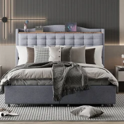 Lit avec Rangement 140x200 cm - Lit Double avec Port USB, Table de Chevet avec 4 Tiroirs, Sans Matelas, Lin, Gris Clair