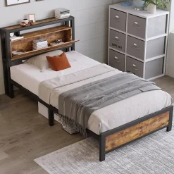 Lit avec rangement 90x200 cm - Lit Simple Cadre de Lit en Métal - avec Sommier à Lattes - Métal - Sans Matelas - Noir