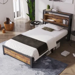 Lit avec rangement 90x200 cm - Lit Simple Cadre de Lit en Métal - avec Sommier à Lattes - Métal - Sans Matelas - Noir