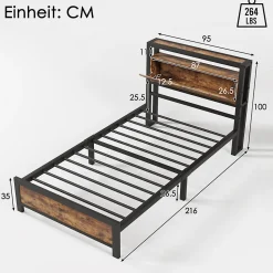 Lit avec rangement 90x200 cm - Lit Simple Cadre de Lit en Métal - avec Sommier à Lattes - Métal - Sans Matelas - Noir